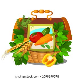 The chest in the form of a wicker basket and fresh vegetables isolated on white background. Bank of seeds and plant varieties. Vector cartoon close-up illustration.