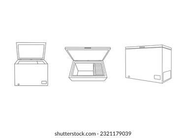 chest freezer fridge vertical icon black silhouette outline line drawing set. Horizontal modern shop refrigerator, industrial fridge, bar chiller open device for frozen food isolated outline icon.