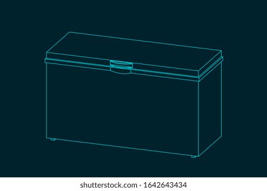 Chest freezer. Vector outline illustration. Dimetric projection.