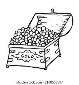 Chest full of golden coins, hand drawn outline illustration. Secret old gold pirate box, pen drawing silhouette sign. Wooden container with pirate treasure, old retro isolated symbol. Sailor fortune.