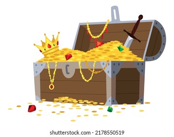 Chest full of pile of gold coins, jewelry and gem. Concept, art for computer game. Cartoon pirate treasury vector scene