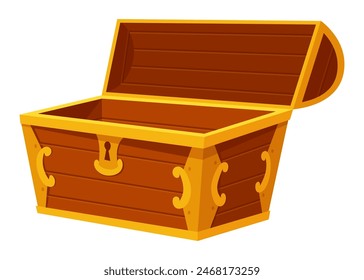 Chest. Game wooden antique box. Empty old wooden chest for gold treasure. Cartoon ancient container for pirates isolated vector icon on white