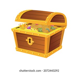 Chest of gold. Beam of lights falls on treasures, deposit medieval cash, vector illustration isolated on white background