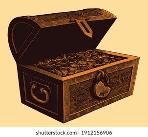 Chest of gold coins. Hand drawn engraving. Vector vintage illustration. 8 EPS