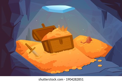 A chest with gold coins, a sword, a bowl and a crown in a grotto, cave or in the hold of a sunken ship. Flat cartoon vector illustration