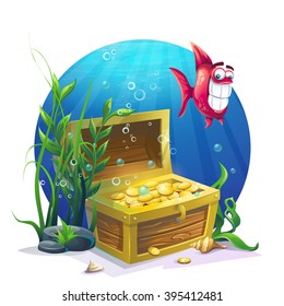 Chest of gold and fish in the sand underwater - vector illustration for design, banners, flyers, textures, backgrounds, postcards
