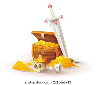 Chest with gold, pirate treasure chest with golden coins, scull crown and silver sword. Wealth and fortune icon, magic fairytale and adventure treasures. Vector isolated clipart illustration.