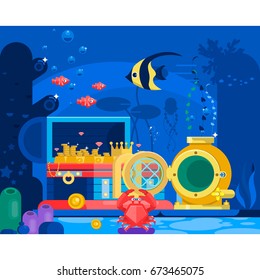 Chest of gold in the sand under water.Marine Life Landscape - the ocean and the underwater world with different inhabitants. Flat vector illustration