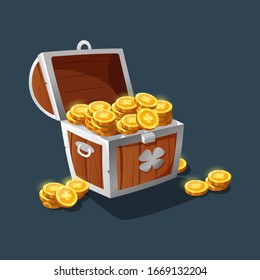A chest of gold. Vintage wooden chest with golden coins. Pirate coffer with gold. Cartoon old chest for the game interface.