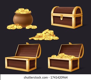Chest with golden coins. Chest, bag and stack with gold, closed and opened empty chests for games applications cartoon isolated vector set