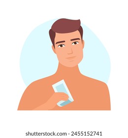 Chest hair removal for men with wax strips, waxing at home bathroom vector illustration