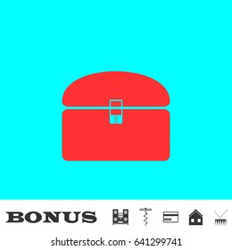 Chest icon flat. Red pictogram on blue background. Vector illustration symbol and bonus buttons Music center, corkscrew, credit card, house, drum