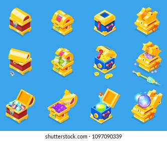 Chest icon isometric vector treasure box with gold money wealth or wooden pirate chests with golden coins and ancient jewels illustration isolated on background