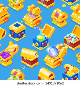 Chest icon isometric vector treasure box with gold money wealth or wooden pirate chests with golden coins and ancient jewels illustration background