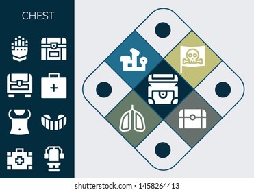 chest icon set. 13 filled chest icons.  Simple modern icons about  - Chest, Medical kit, Abs, Gum shield, Emergency kit, Gauntlet, Pirate, Bench press, Lungs, Treasure