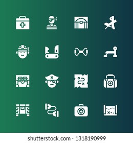 chest icon set. Collection of 16 filled chest icons included Treasure map, Medical kit, Chest expander, First aid, Treasure, Pirate, Bench press, Jackknife