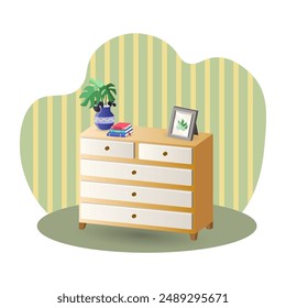 Chest illustration. Vase, commode, books, photo frame, houseplant. Editable vector graphic design.