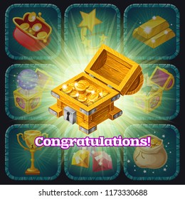 Chest isometric and prizes for computer game on dark background. Vector illustration.