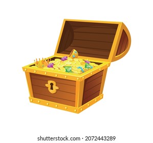 Chest with jewels. Treasures Scene with metal item stack for buy, vector illustration isolated on white background