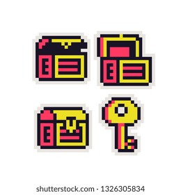 Chest and key pixel art icon. Design for logo, stickers, web, mobile app, badges and patches. Isolated on black background vector illustration. 8-bit sprite.