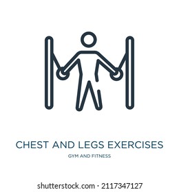chest and legs exercises thin line icon. exercise, biceps linear icons from gym and fitness concept isolated outline sign. Vector illustration symbol element for web design and apps.