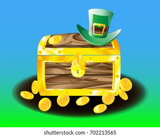 Chest with leprechaun coins scattered around coins and a green hat