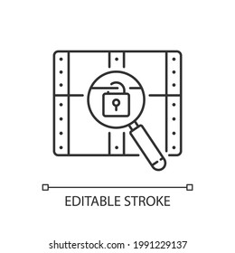 Chest with lock linear icon. Search for pirate treasure. Open casket. Solving puzzles. Thin line customizable illustration. Contour symbol. Vector isolated outline drawing. Editable stroke