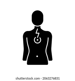 Chest pain black glyph icon. Affecting lungs and heart. Poor posture consequence. Problems in breathing patterns. Muscle tightness. Silhouette symbol on white space. Vector isolated illustration