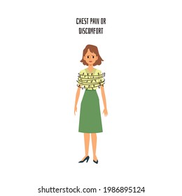 Chest pain or discomfort - cartoon woman with barbed wire wrapped around her body. Heart disease or panic attack symptom - flat isolated vector illustration.