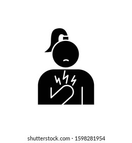 Chest Pain Glyph Icon. Stressed Girl. Anxious Woman. Heart Attack. Healthcare Problem. Palpitation. Predmenstrual Syndrome Symptom. Silhouette Symbol. Negative Space. Vector Isolated Illustration