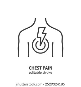 Ícone da linha de dor torácica. Sintoma da asma. Traçado editável. Ilustração vetorial.