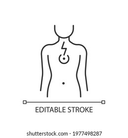 Chest pain linear icon. Affecting lungs and heart. Poor posture consequence. Muscle tightness. Thin line customizable illustration. Contour symbol. Vector isolated outline drawing. Editable stroke