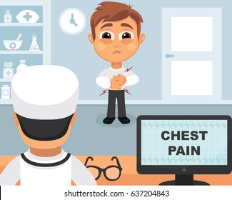 Chest pain medical concept. Vector illustration. Doctor and patient are talking in the hospital. Isolated on white background.
