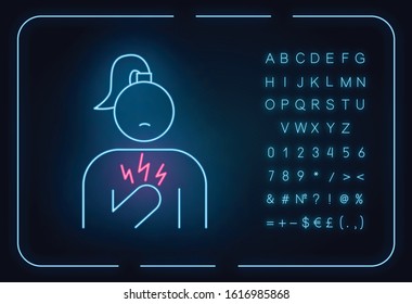 Chest pain neon light icon. Stressed girl. Anxious woman. Heart attack. Healthcare. Predmenstrual syndrome symptom. Glowing sign with alphabet, numbers and symbols. Vector isolated illustration