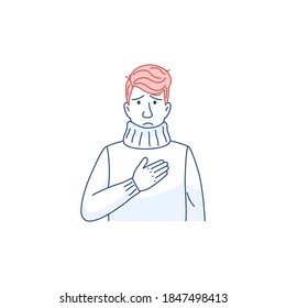 Chest pain symptom flat line icon. Sick young man has heart attack isolated on white. Difficulty breathing. Shortness of breath Corona virus disease flu sign Medical people outline vector illustration