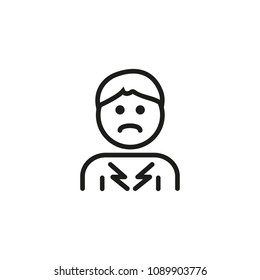 Chest pain. Thin line icon. Man suffering from heartburn, heart attack, heart stroke. Body aches concept. For health, cardiology, illness