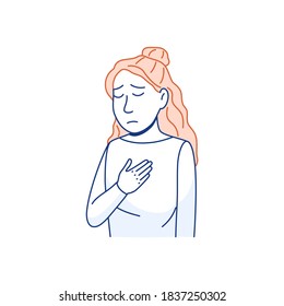 Chest pain thin line icon. Sick woman has difficulty breathing. Heart attack flu virus early symptom Young person with cardiovascular disease Outline flat style healthcare medical vector illustration.