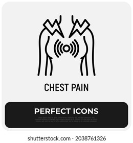 Chest pain thin line icon. Heart attack, bronchitis or asthma. Modern vector illustration.