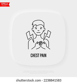 Chest pain thin line icon. Man touching his chest. Heart attack. Post covid syndrome. Vector illustration.