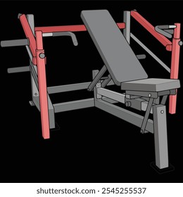 Chest press machine illustration. Fitness, cardio, and muscle building machines, equipments set at gym. Workout and training concept.
