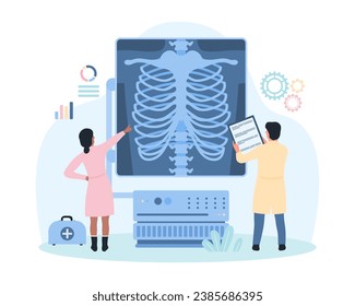 Examen del roentgen del pecho, ilustración del vector radiológico. Los médicos diminutos de la caricatura revisan el xray de torso, los pulmones en la máquina médica de radiografía para el diagnóstico de enfermedades óseas y la terapia de la tuberculosis