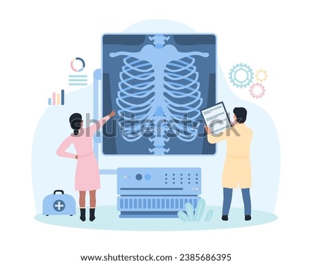 Chest roentgen examination, radiology vector illustration. Cartoon tiny doctors check xray of torso, lungs on radiography medical machine for bone diseases diagnosis and therapy of tuberculosis