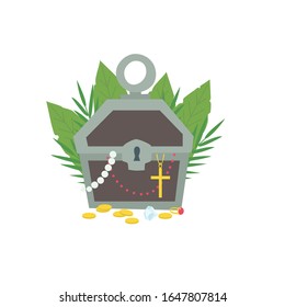 Chest and scattered treasures on the ground. Tropical leaves are in the background