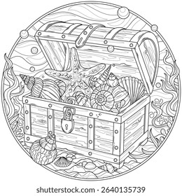 Chest with sea shells and starfish underwater in a round frame.Coloring book antistress for children and adults. Illustration isolated on white background.Zen-tangle style. Hand draw