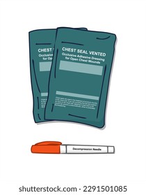 Chest seals vented and decompression needle. Things from the first aid kit. First aid. Vector illustration. Isolated on a white background.