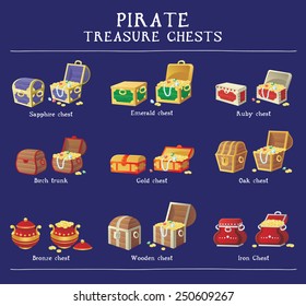 Chest Set For Game Interface. Vector Illustration. Treasure Chest Of Gold Coins Diamonds Stones