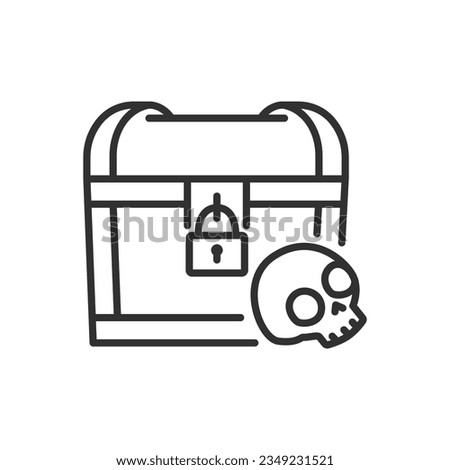 A chest and a skull, linear icon. Pirates' treasure. Dangerous treasure. Line with editable stroke