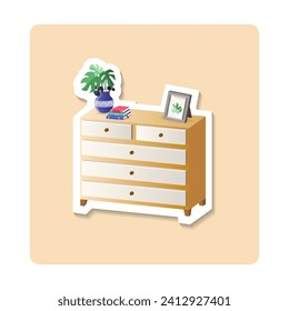Ilustración del sticker de pecho. Vase, commode, libros, fotograma, planta de la casa. Diseño gráfico vectorial editable.
