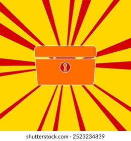 Chest symbol on a background of red flash explosion radial lines. The large orange symbol is located in the center of the sun, symbolizing the sunrise. Vector illustration on yellow background
