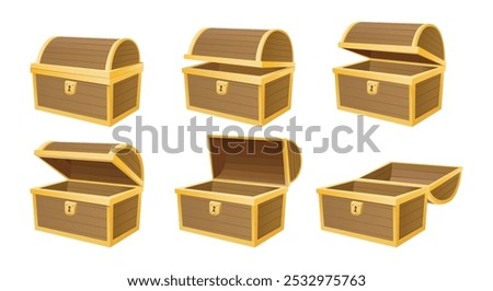 Chest treasure box open and closed set. Medieval wooden chests isolated vector illustration